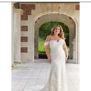 Mori Lee Off-Shoulder Lace Wedding Dress in White and Cream